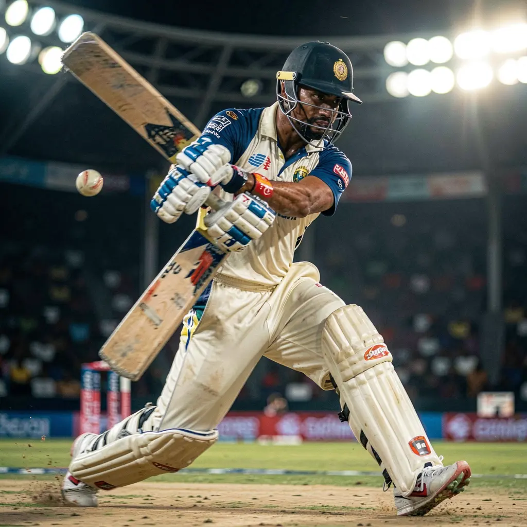 QQ777 Bet – Feel the thrill of live cricket betting in Bangladesh Dynamic moment of a cricket batsman playing an aggressive shot under stadium lights highlighting intense sports action available on QQ777