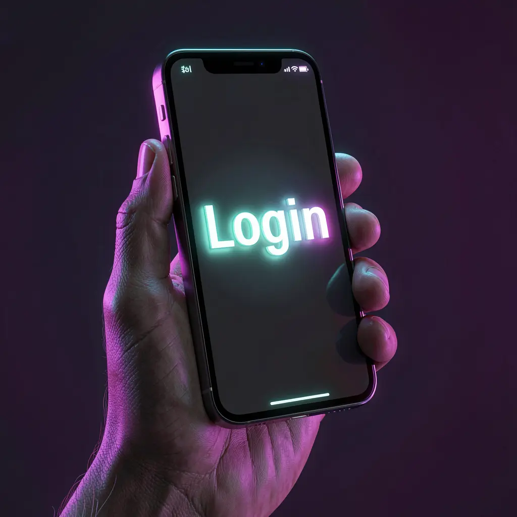 QQ777 Login – Safe and smooth entry to your gaming account in Bangladesh Close up of a hand holding a smartphone with a bright login screen, symbolizing protected access and user entry to the QQ777 casino platform in Bangladesh
